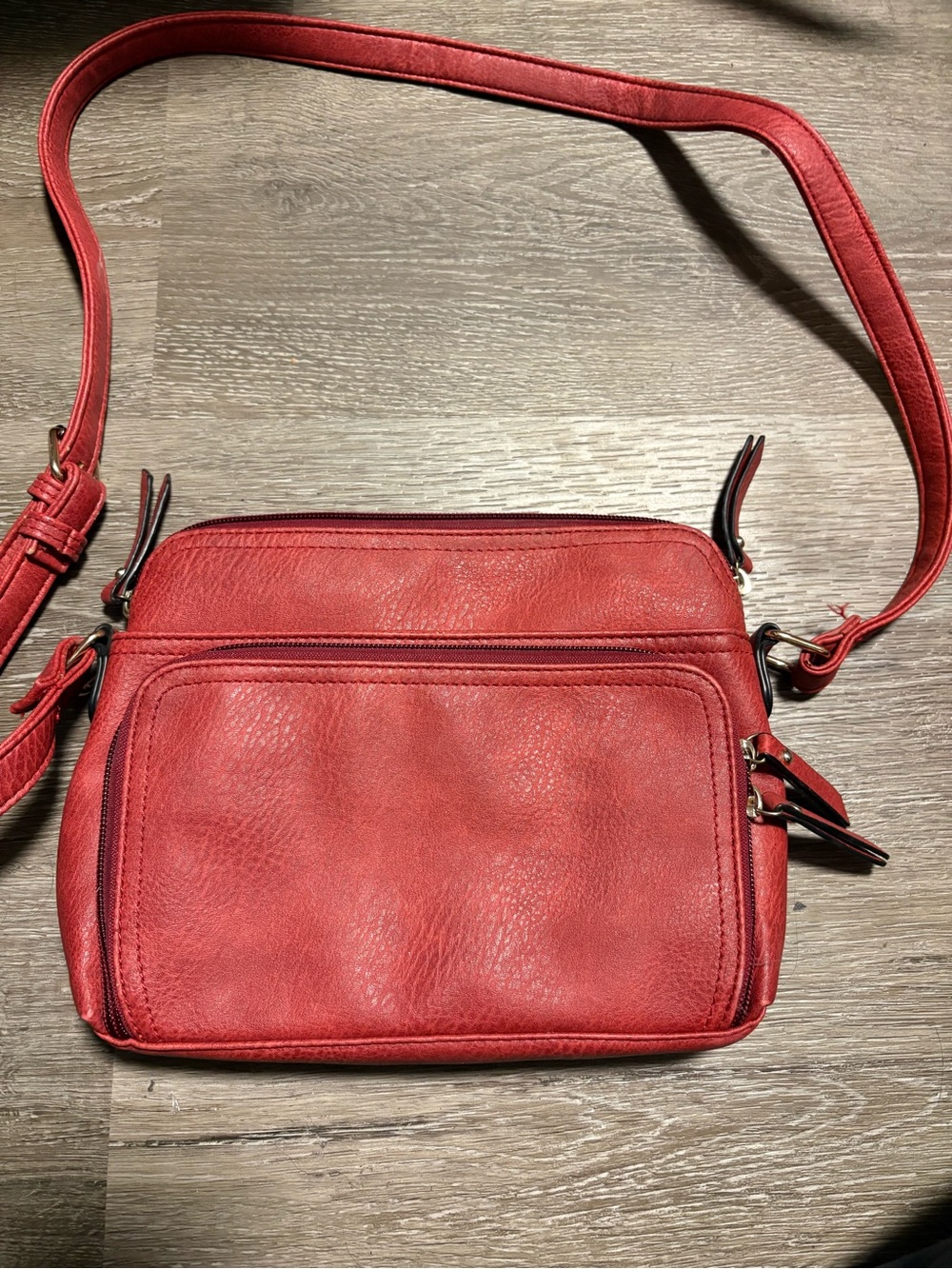 Classic Red Leatherette Crossbody Bag with Front Zip Pocket